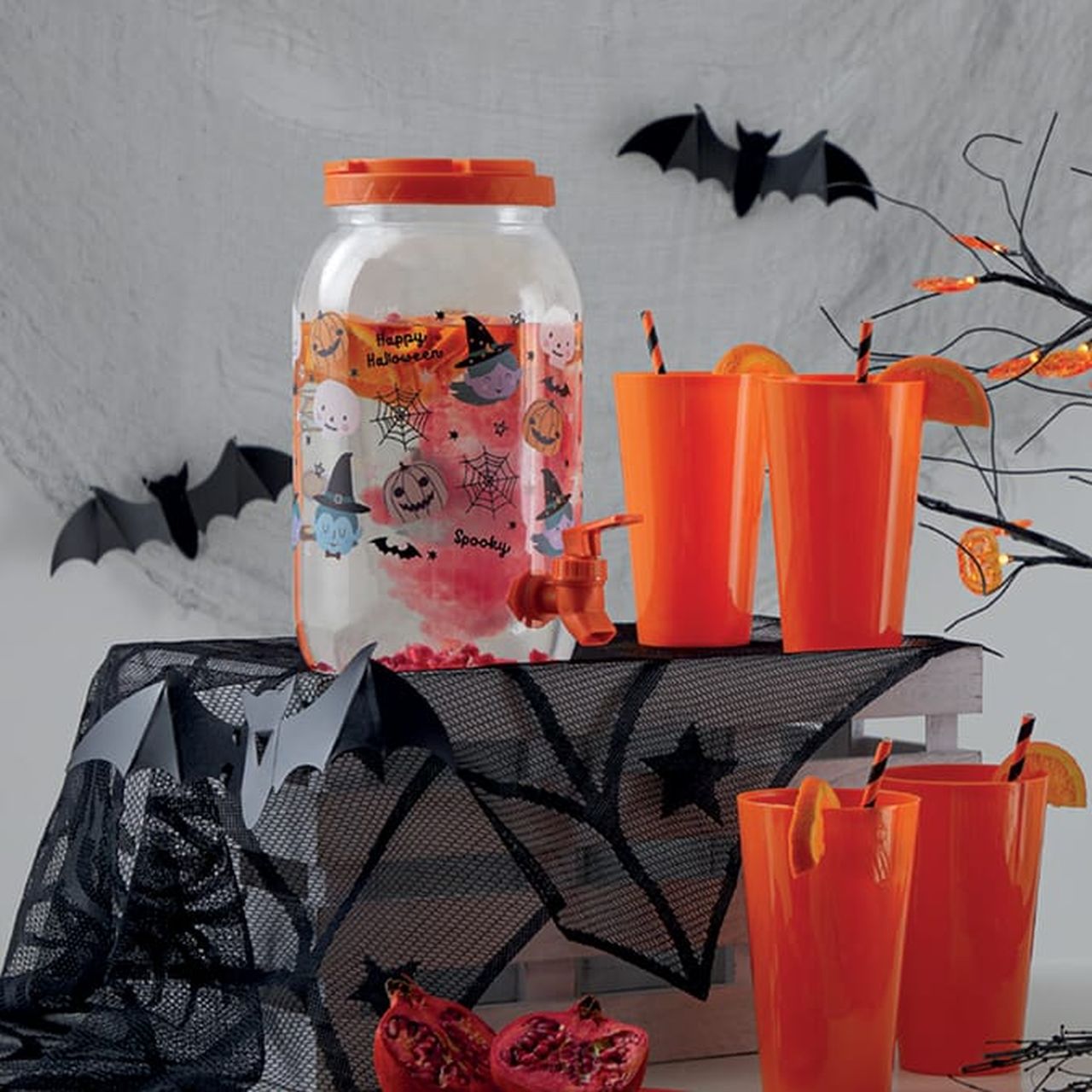 bat-themed beverage station for Halloween