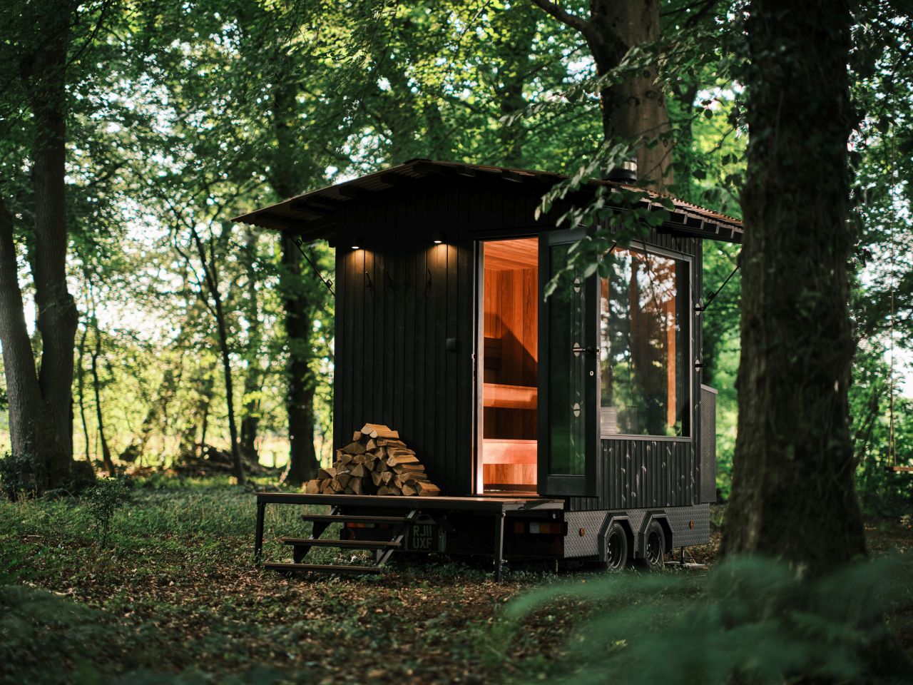 Aquila Mobile Sauna on Wheels by Out of The Valley - front deck entrance