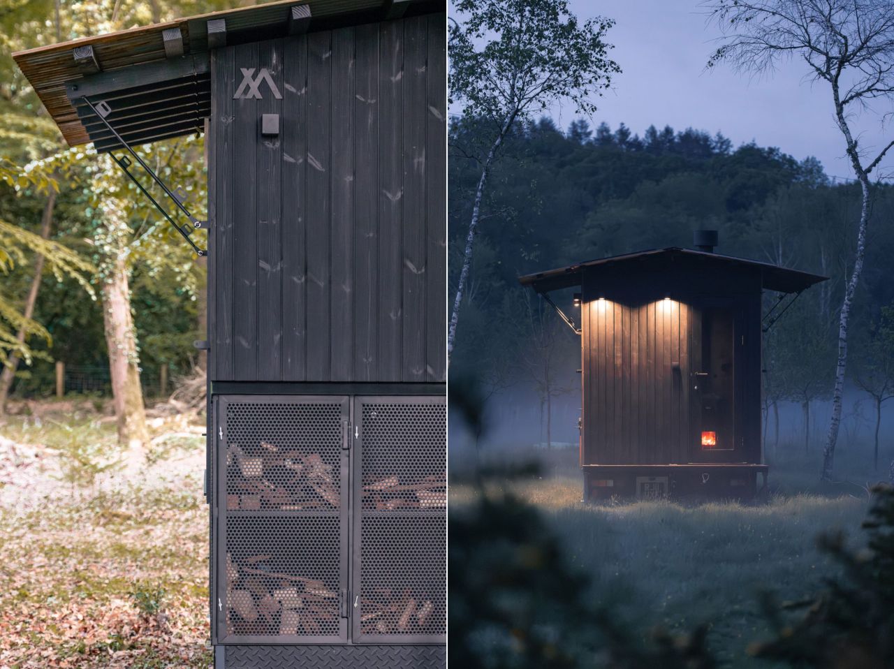 Aquila Mobile Sauna on Wheels by Out of The Valley - outdoor log storage and lights