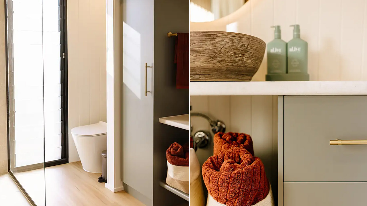 Bathroom has vanity sink and lot of light and proper ventilation