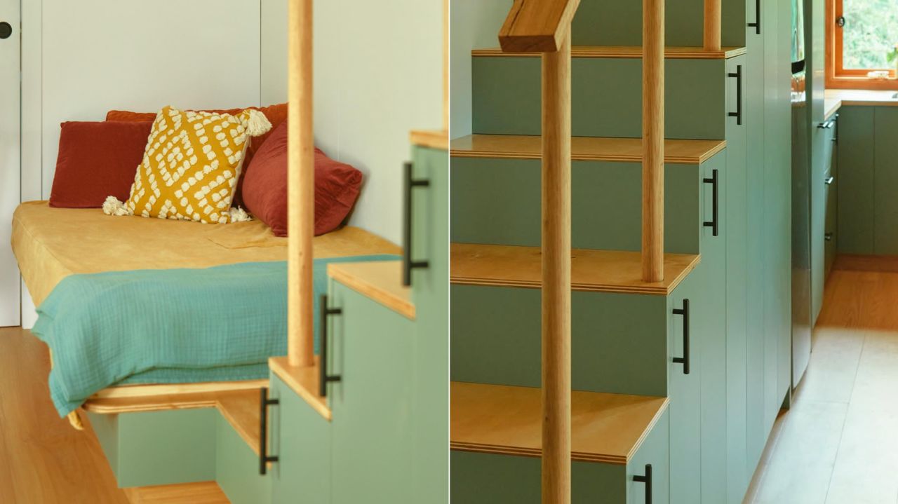 Daybed and stairs have lovely color palette and are spacious.