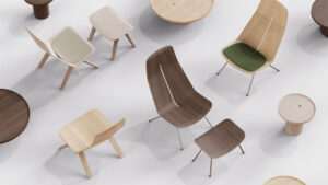 Join Collection Turns Plywood Into Unique Trouser-Shaped Ergonomic Furniture Unique plywood furniture comes with set of footstools and a small table
