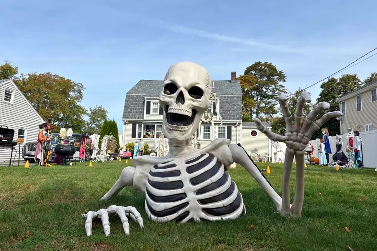 Kid Friendly Dartmouth Halloween big half skeleton