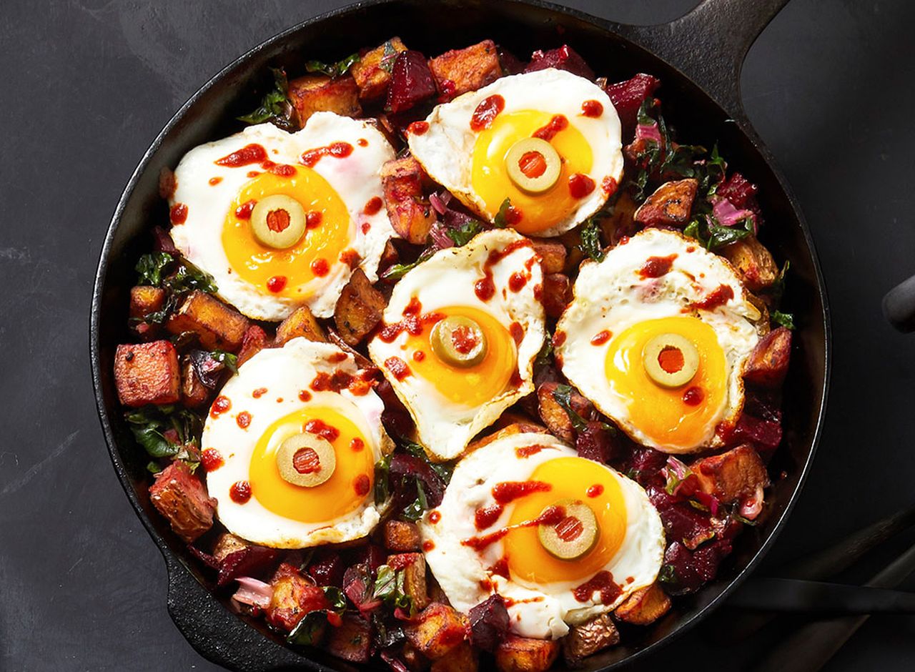 Halloween Breakfast Ideas - Potato-Beet Hash with Eyeball Eggs