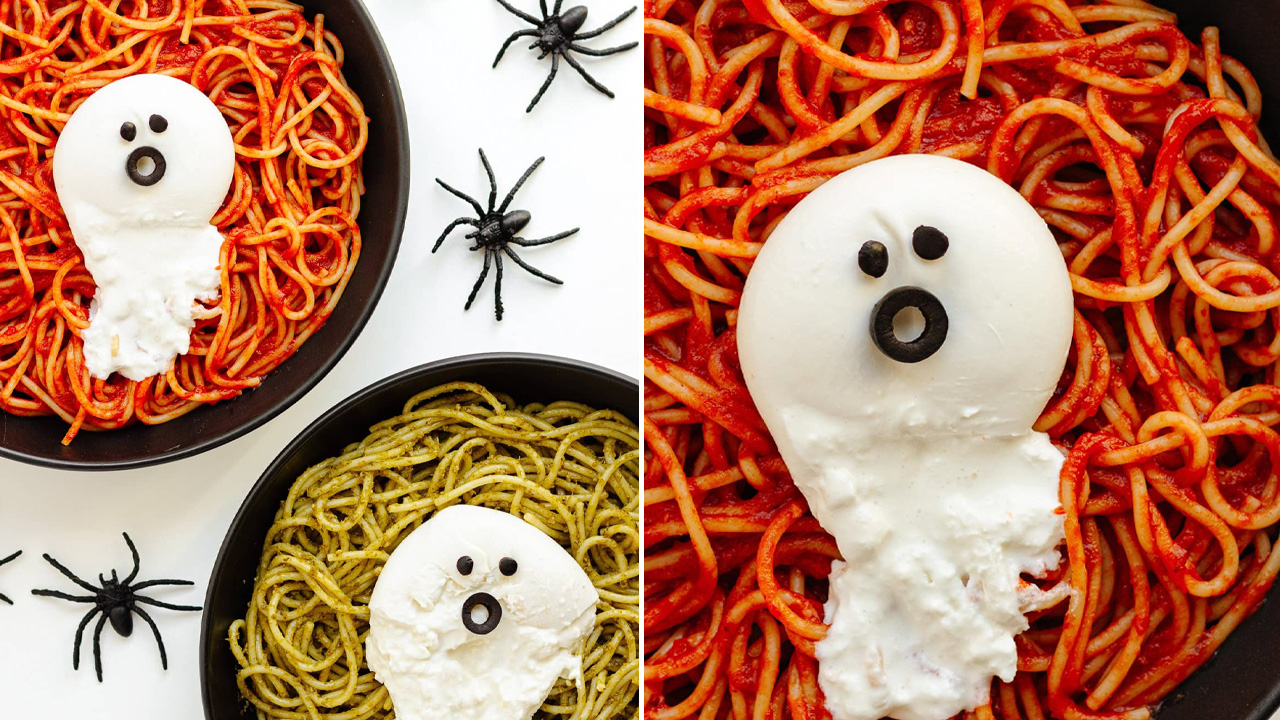 Halloween Lunch Ideas 2025 -Halloween Spaghetti with Burrata Ghosts