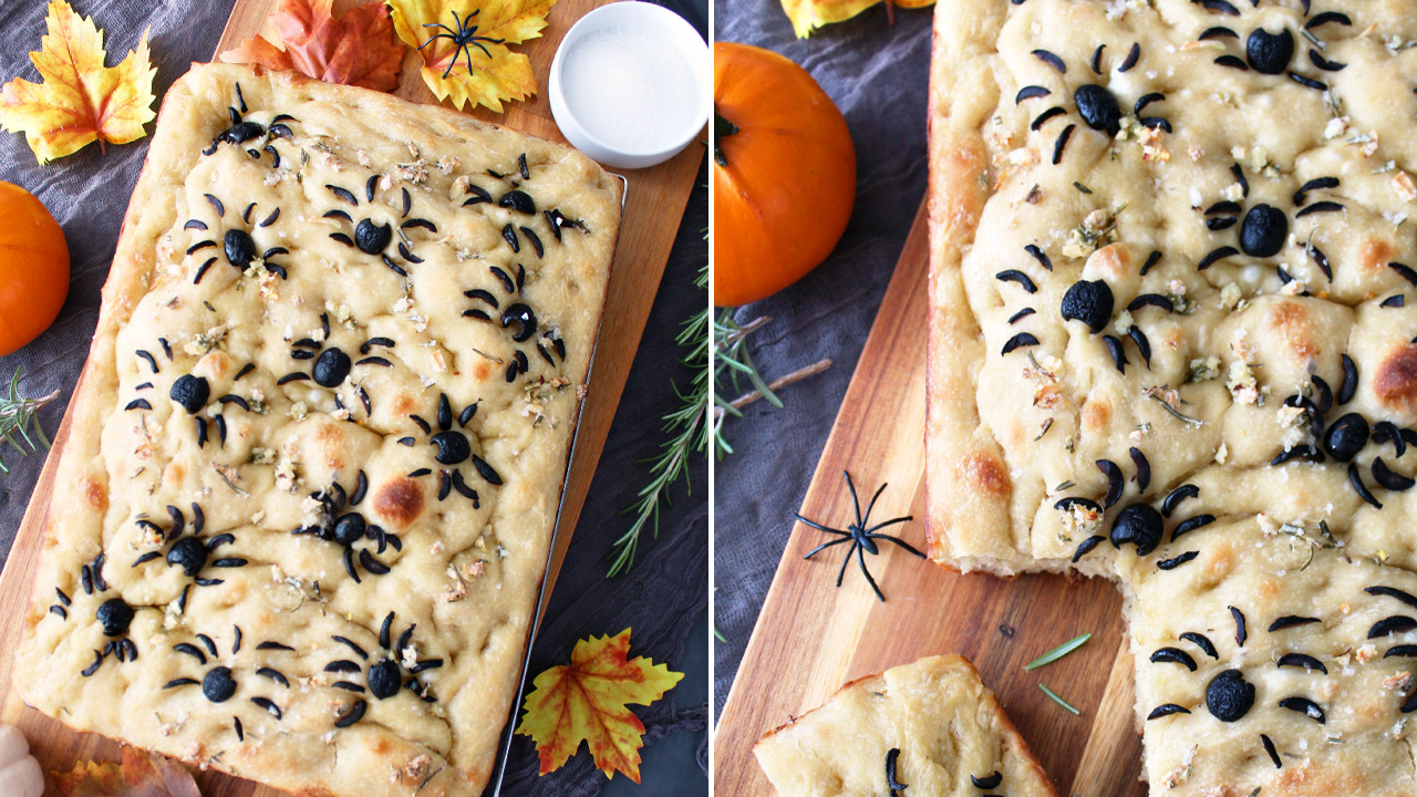 Halloween Side Dishes - Spider Olive Focaccia Bread