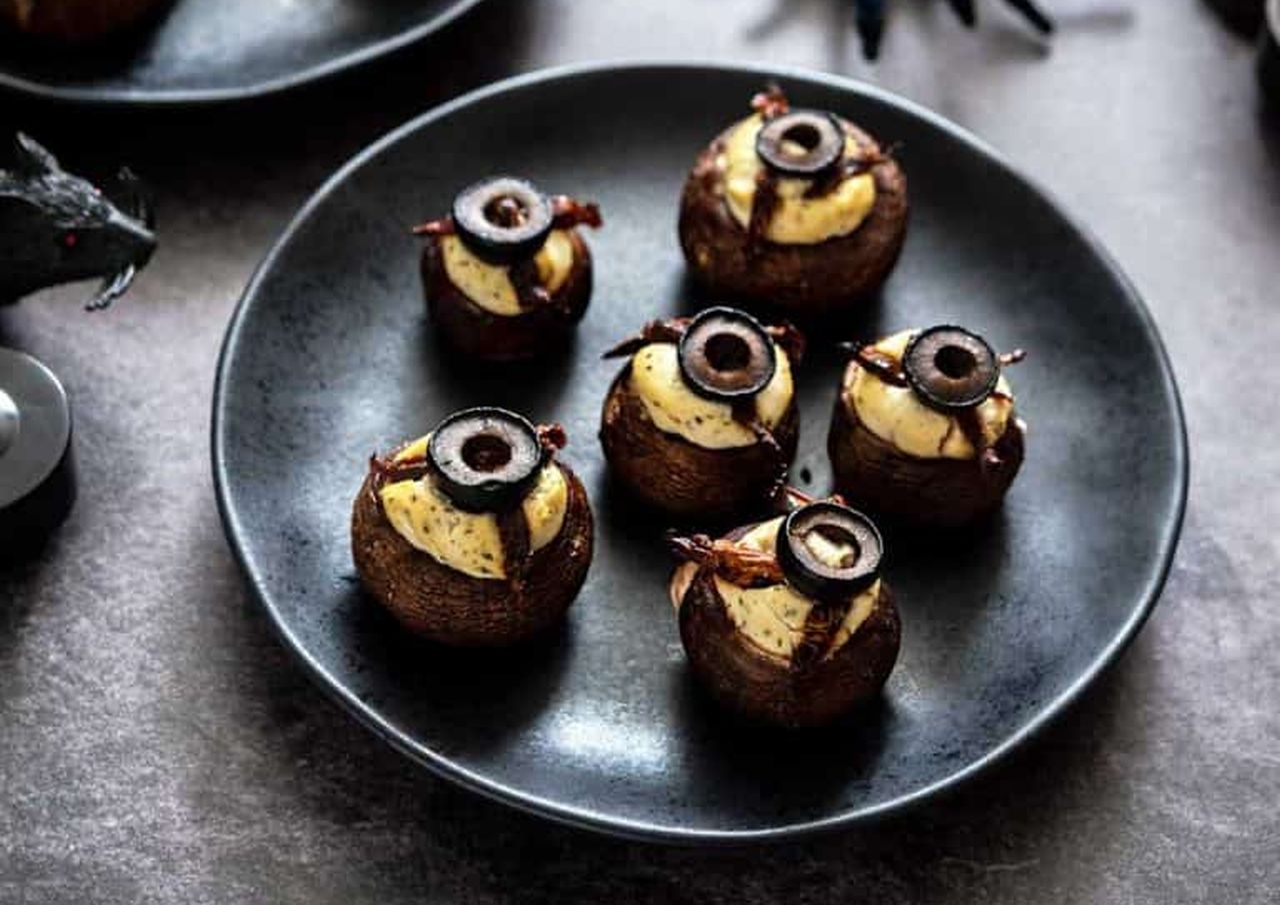 Halloween Side Dishes - Stuffed Mushroom Eyeballs