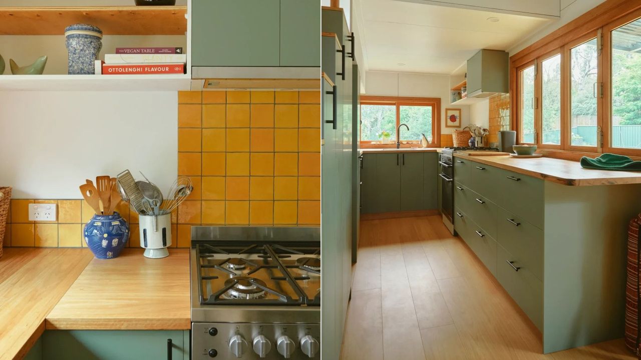 Kitchen has timber countertops, lot of storage and aesthetic vibe