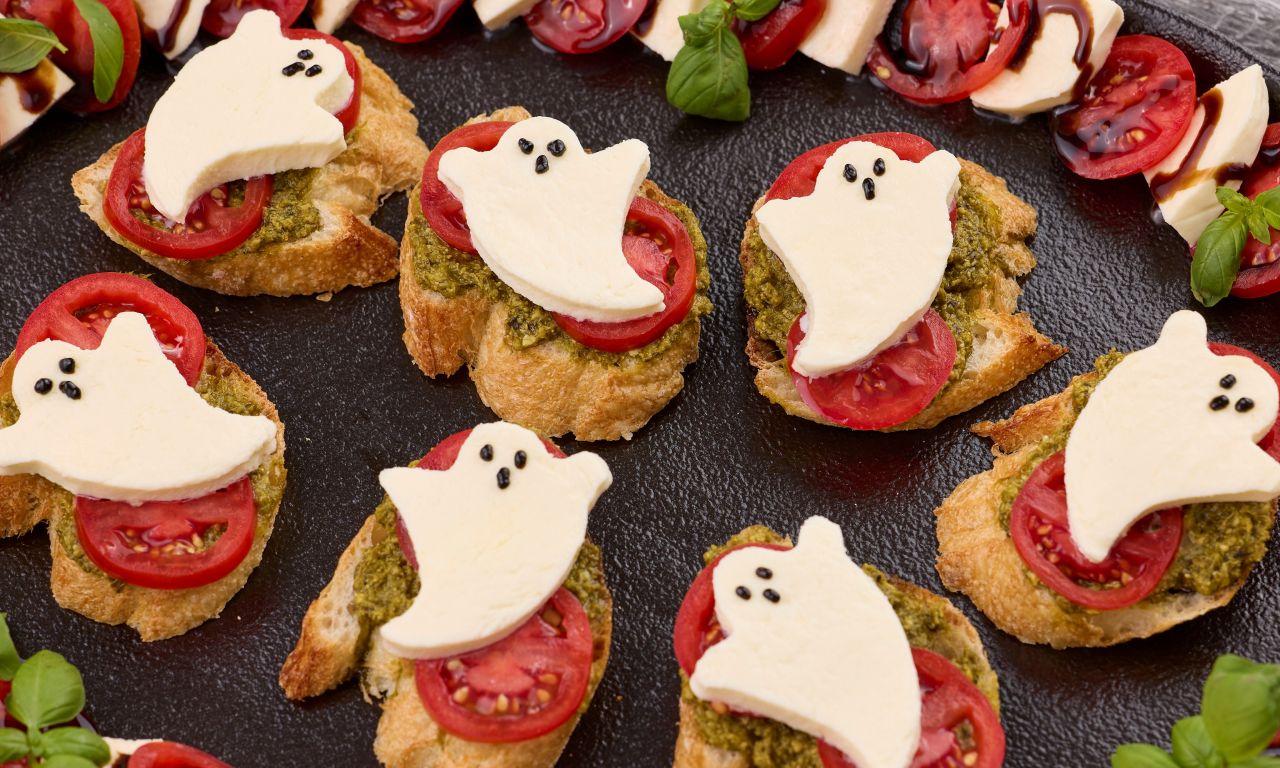 Spooky Appetizer for Halloween - Caprese Crostini Ghosts