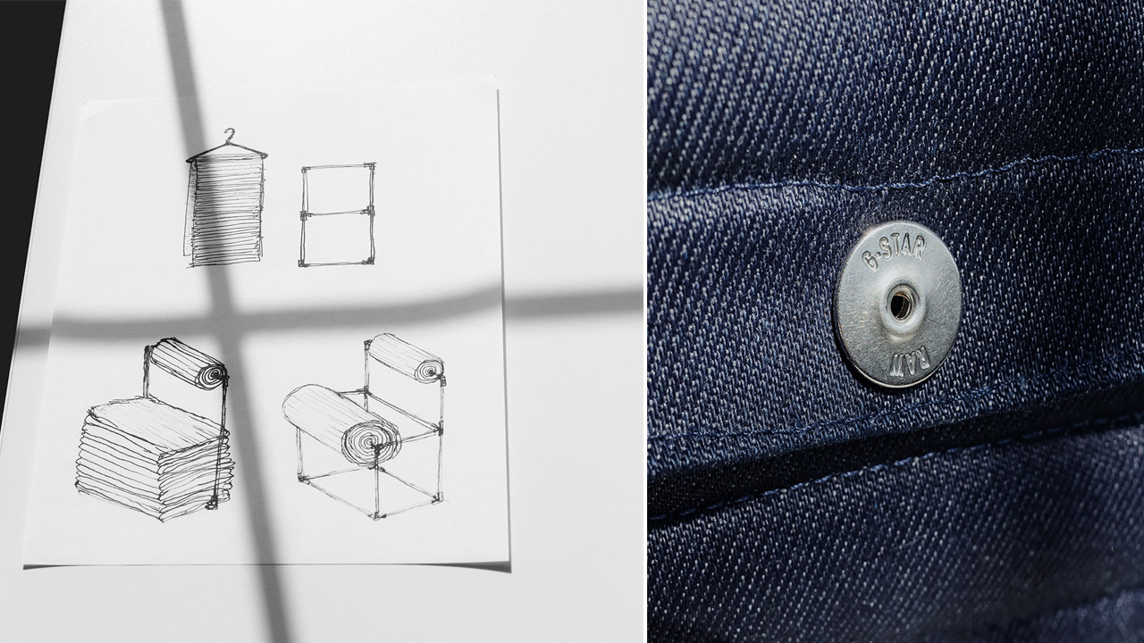 The use of denim button pays homeage to G-Star denim and the blueprint that made the chair