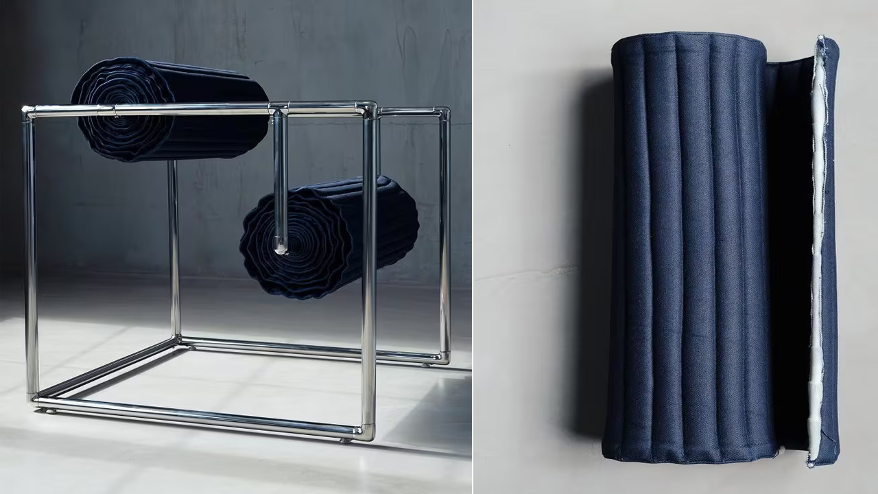 A chair that looks like an art made from industrial byproducts and raw untreated denim
