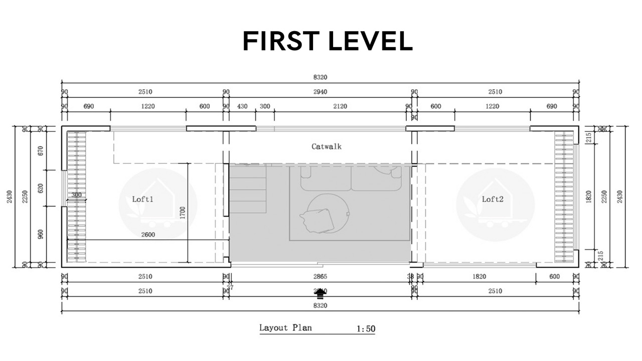 The first level plan of the tilly tiny house shows the layout.