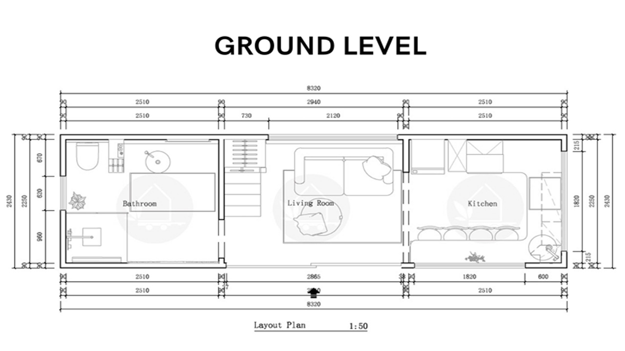 The ground level plan of the tilly tiny house shows the layout.