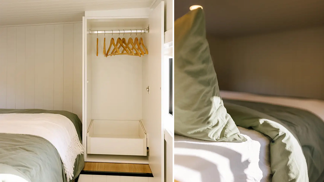 Cozy bedrooms have ample sunlight and a separate cupboard