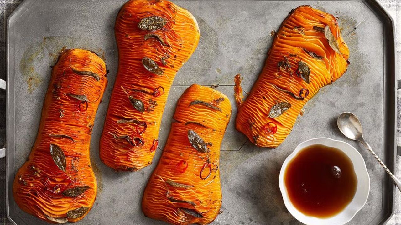 Best Friendsgiving Recipes to Try - Hasselback Butternut Squash With Maple Brown Butter