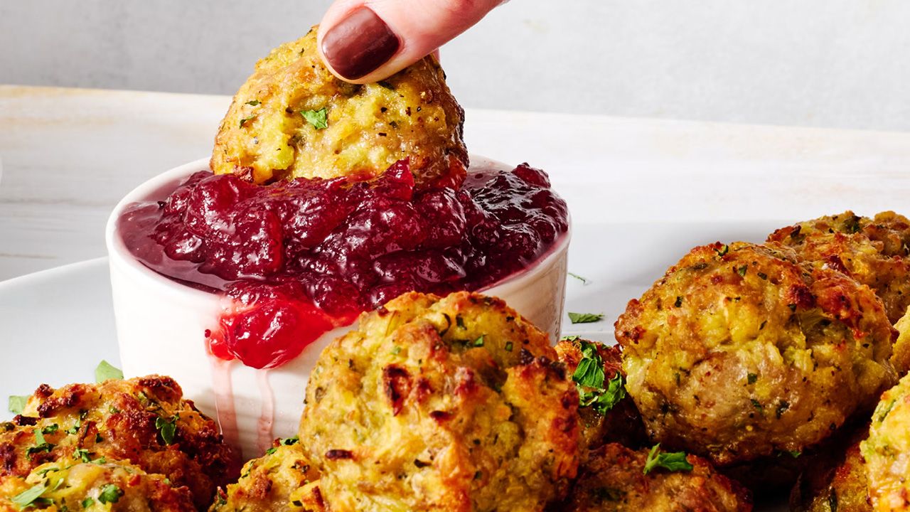 Best Friendsgiving Recipes to Try - Sausage Stuffing Bites With Cranberry Sauce