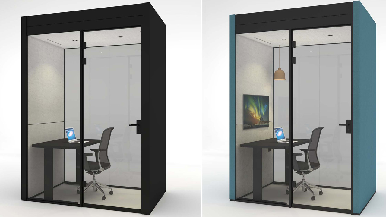 Different colors of The Bubble 2G acoustic pod suits interior of office.