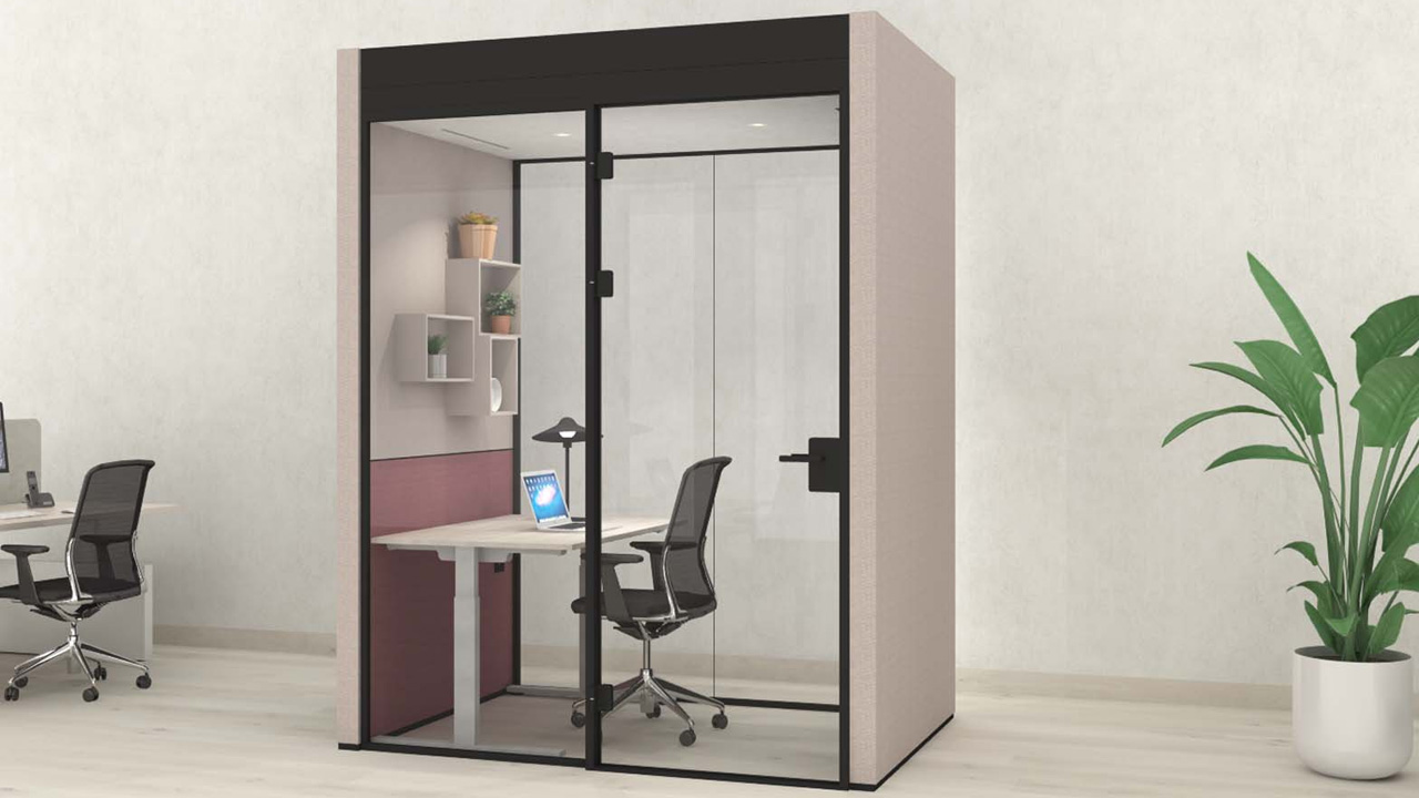 The Bubble 2G acoustic pod is fully functional with ergonomic chair, height adjustable desk.