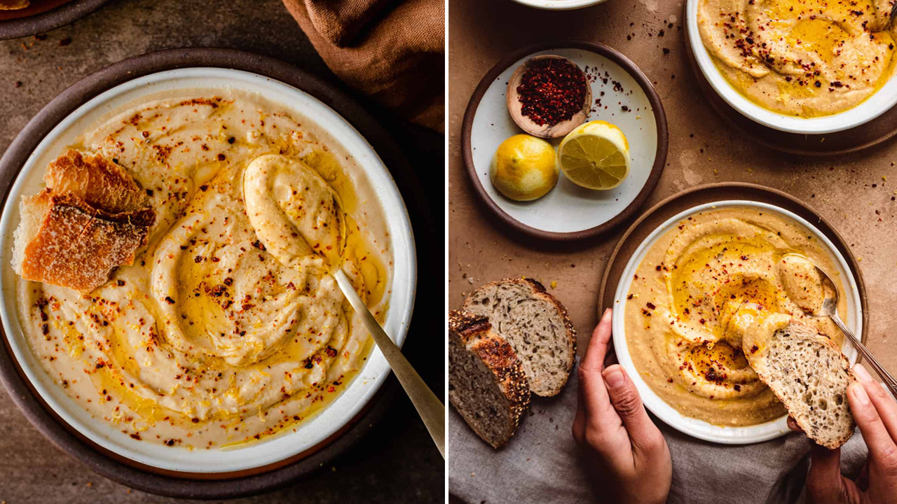 The creamy vegan cauliflower soup has a velvety texture