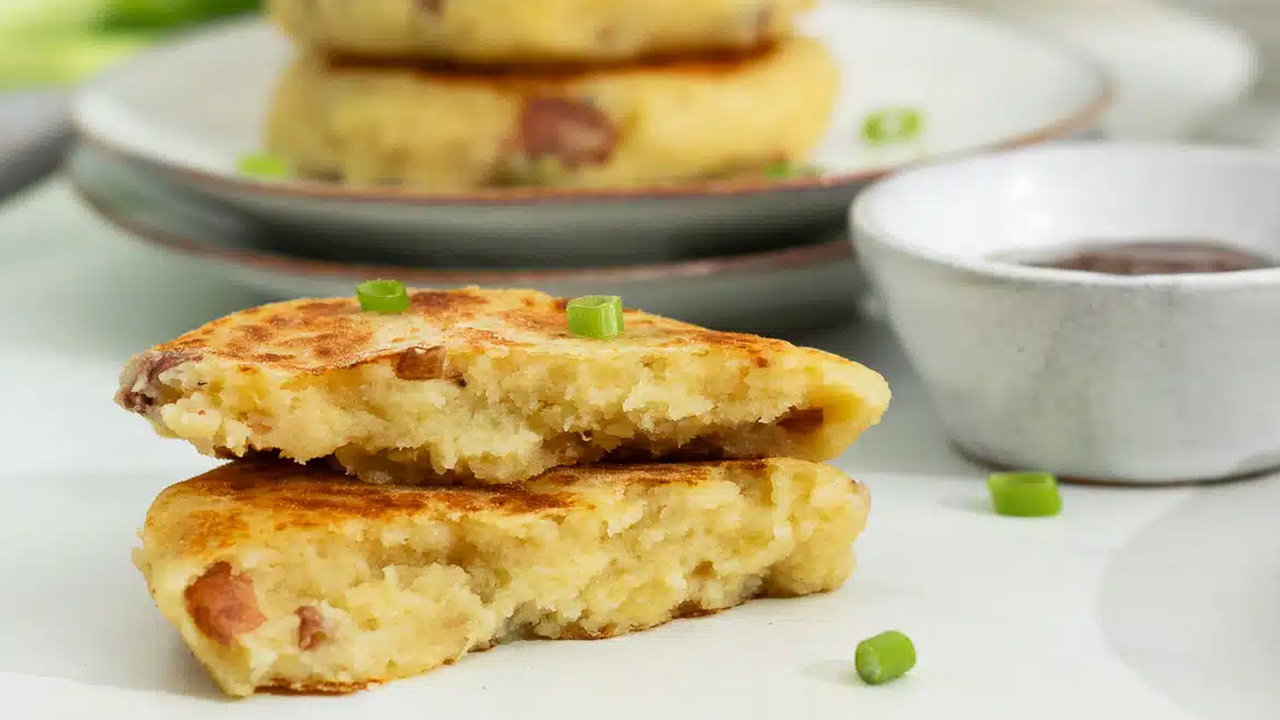 The mashed potato fritters looks chunky and textured.
