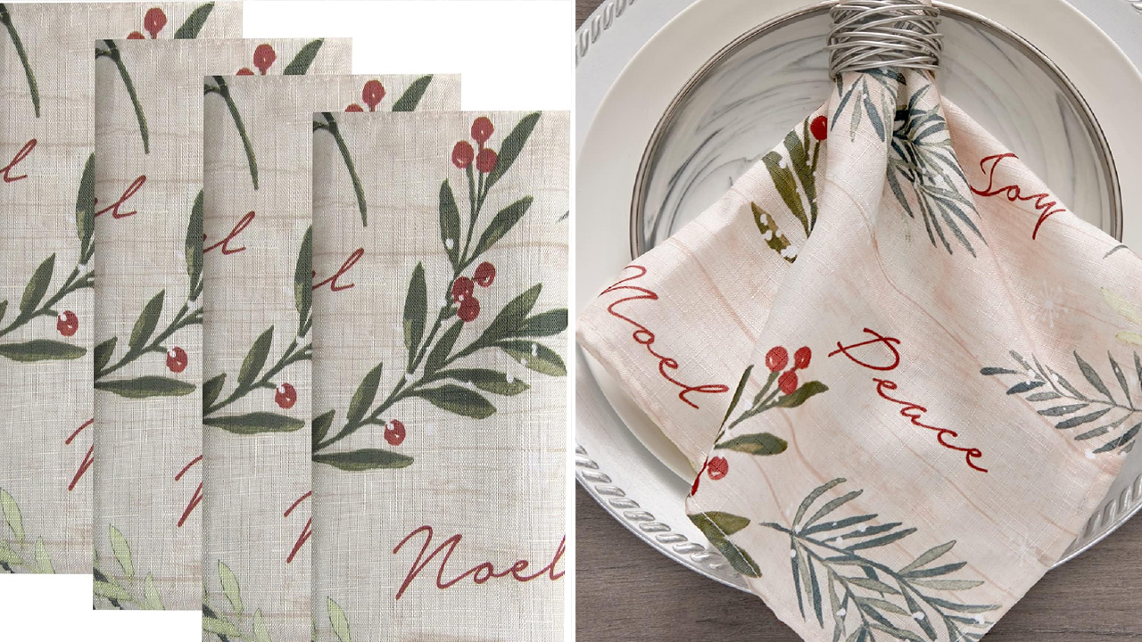 Erlene Holiday Tree Trimmings Fabric Napkins have berries and stems design