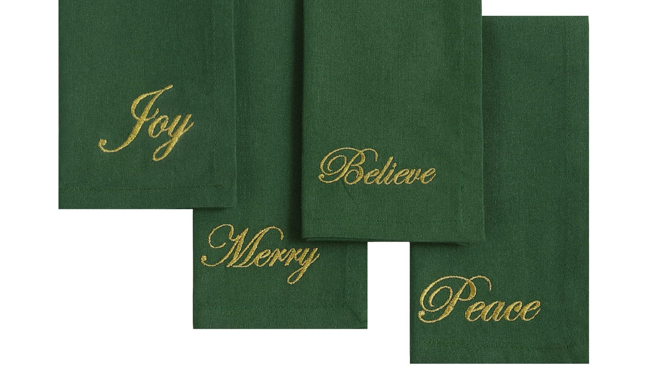 Erlene Seasonal Sayings Cloth Dinner Napkins have words emroidered in golden thread