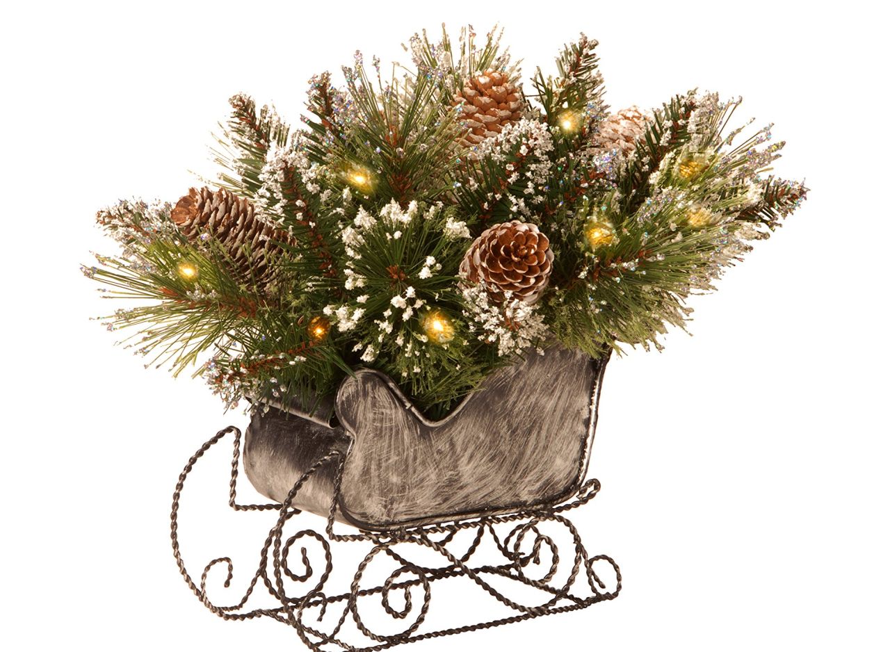 Glittery Bristle Pine Sleigh with White Cones