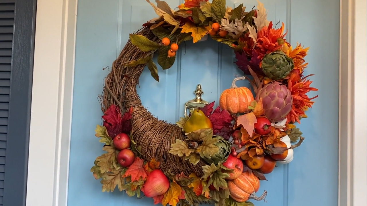 The Cornucopia Wreath has a rich and overflowing look.