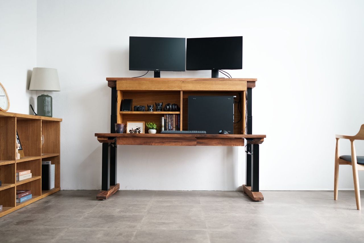 KIDO Standing Desk With Split-Top Design Reveals Storage When Rear Top is Lifted Up