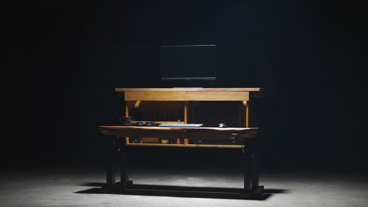 KIDO Standing Desk With Split-Top Design Reveals Storage When Rear Top is Lifted Up