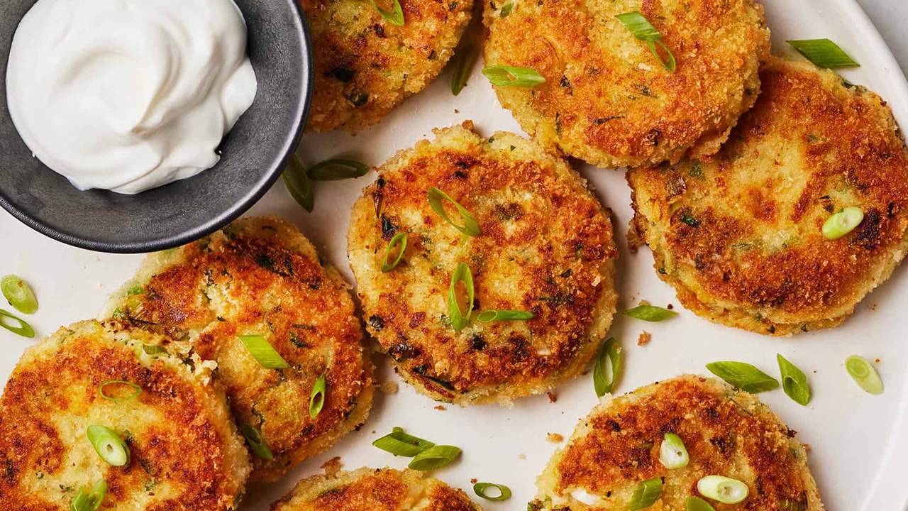 Leftover mashed potato pancakes become golden brown when baked.