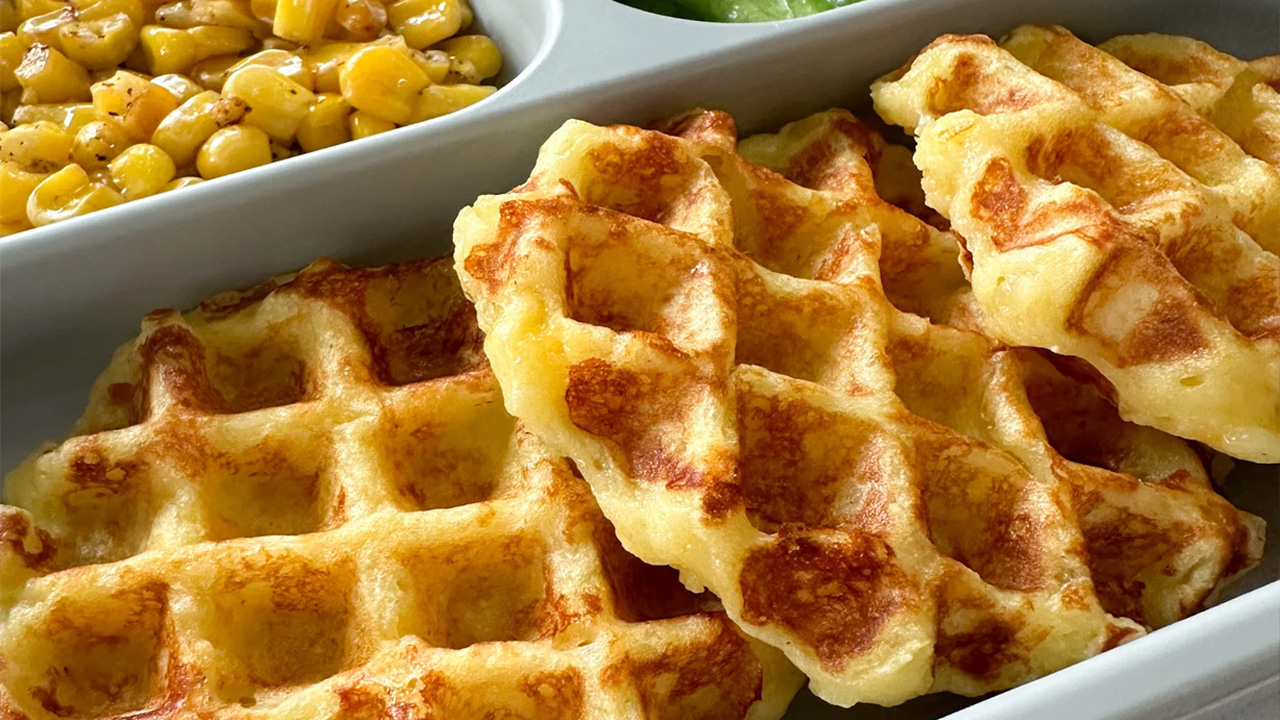 The leftover mashed potato waffles look crispy yet soft.
