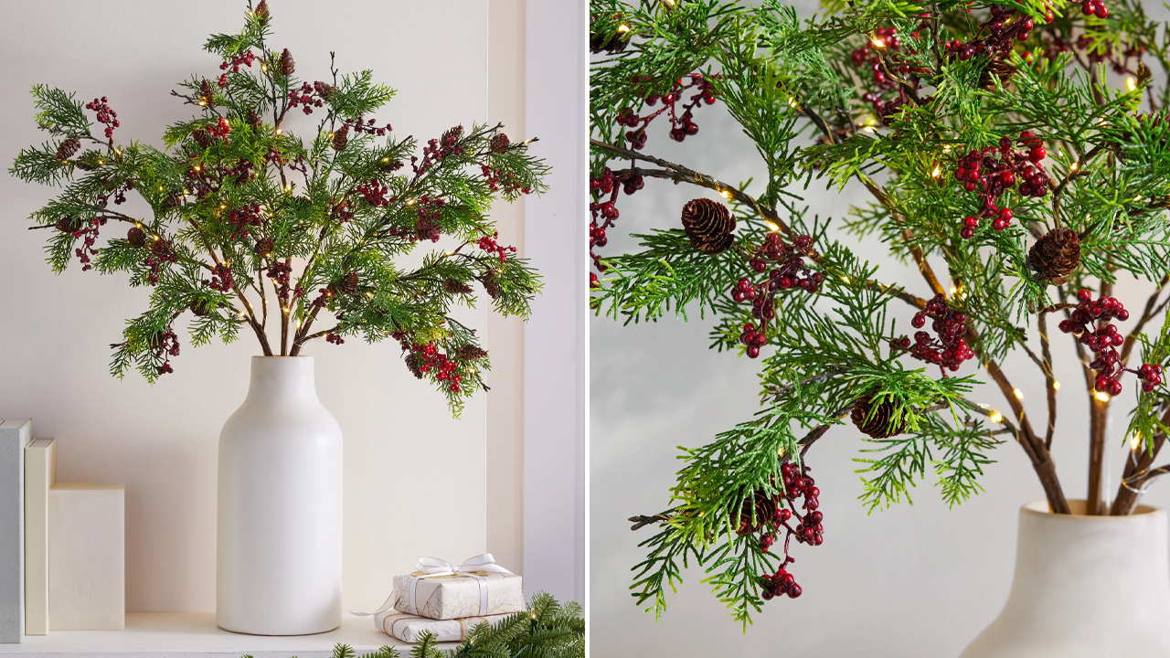 Lit Red Berry Pine Branches