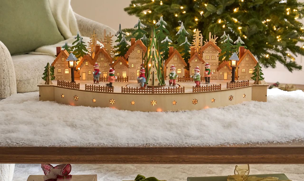 Lit Wooden Animated Christmas Skating Village