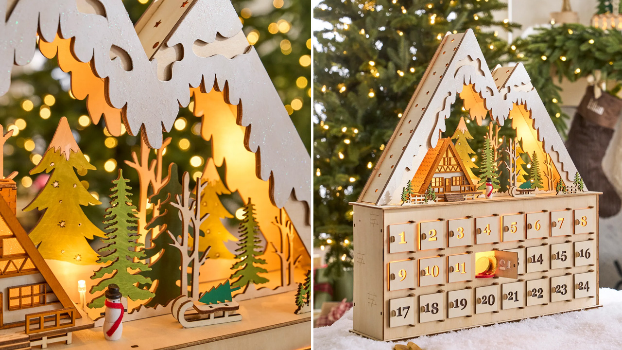 Lit Wooden Snowy Cabin Advent Calendar