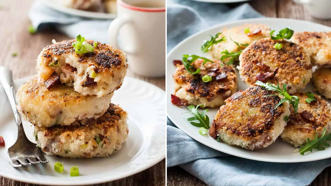 The mashed potato cakes with cheese and bacon looks fluffy and appetizing.