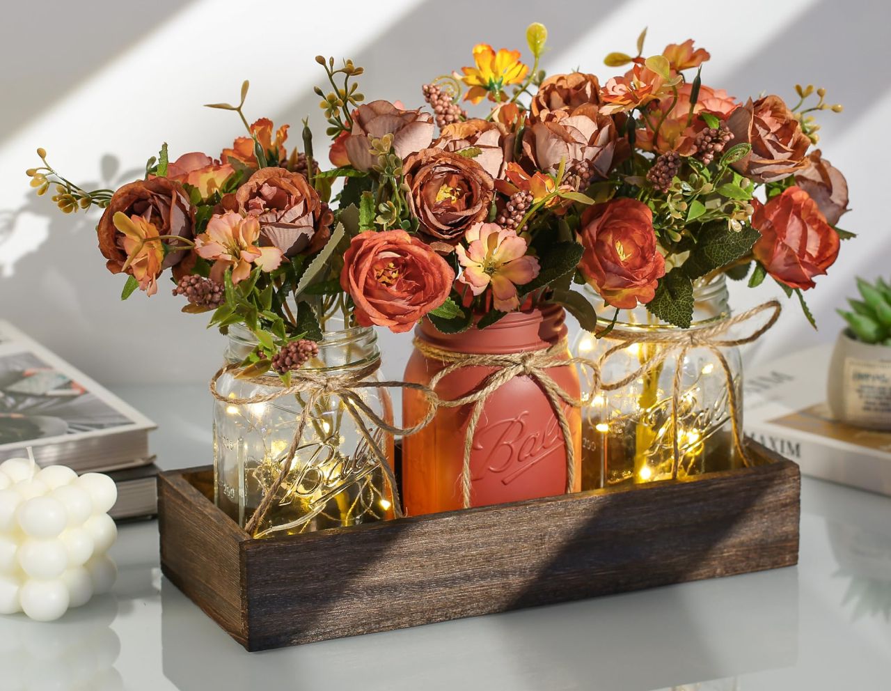 Mason Jar Centerpiece With Wood Tray