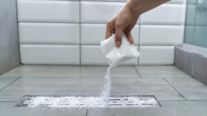 An organic solution of baking soda and vinegar effectively unclogs the shower drain.