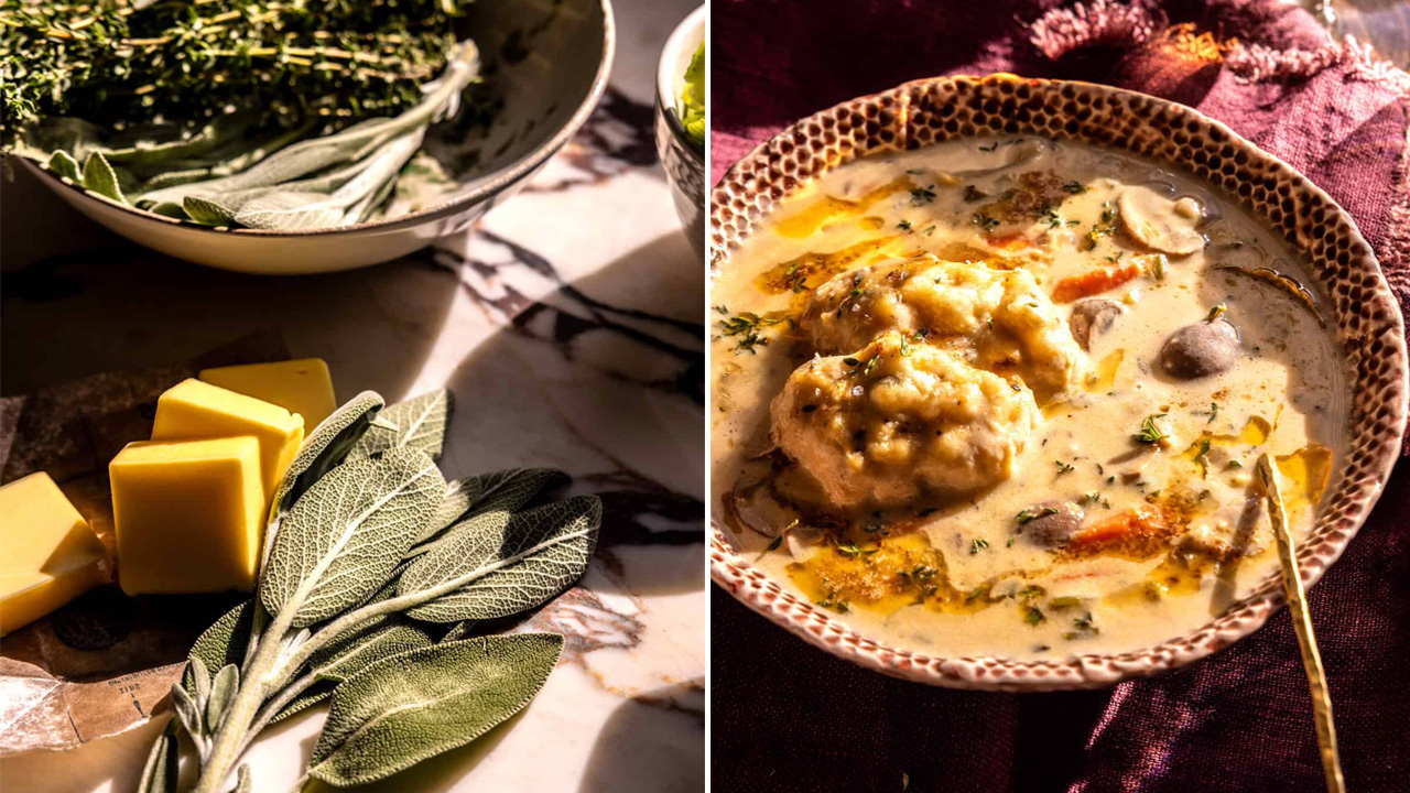 Veggie filled dumplings with creamy soup looks delectable