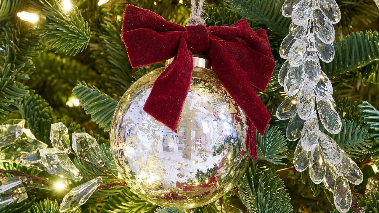 Pottery Barn Christmas Collection 2025 - Glass Mercury Ornaments with Bows - Set of 4
