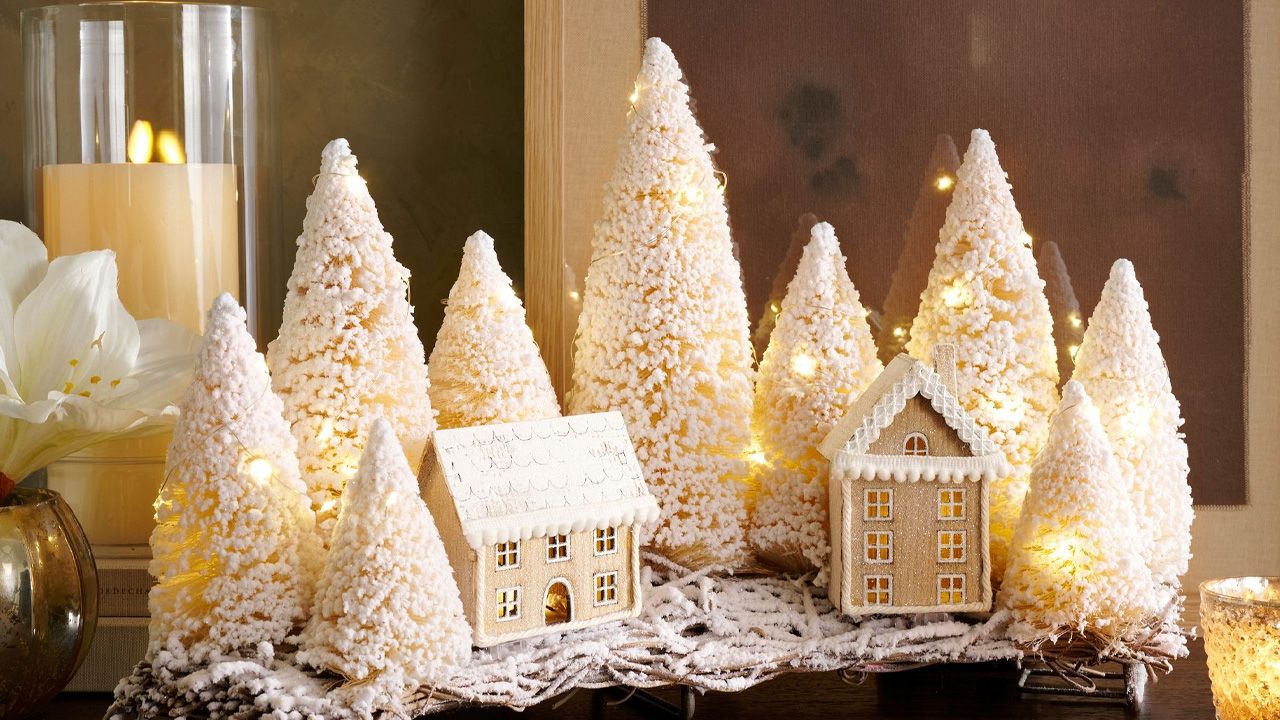 Pottery Barn Christmas Collection 2025 - Lit Bottlebrush Winter Town Centerpiece