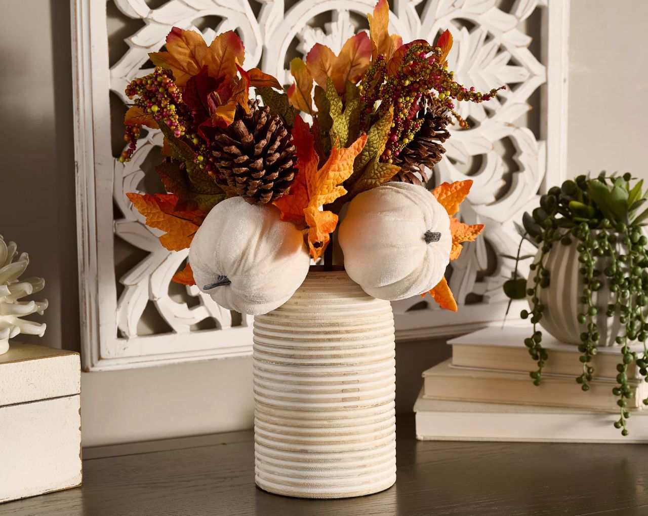 QVC Fall Decor - Set of 4 Velvet Pumpkin and Maple Leaf