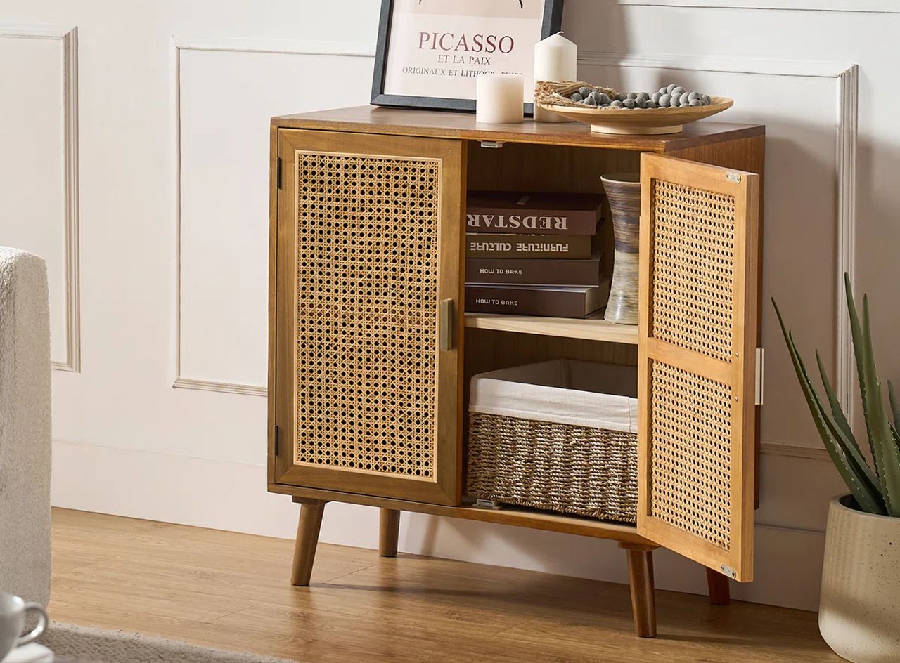 Rattan Door Accent Cabinet with Solid Wood Legs