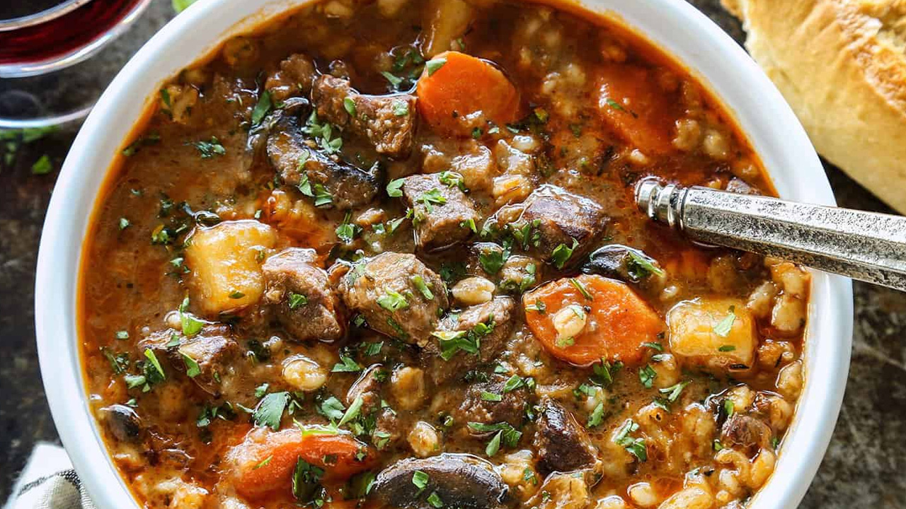 The soup is made with colorful and healthy ingredients