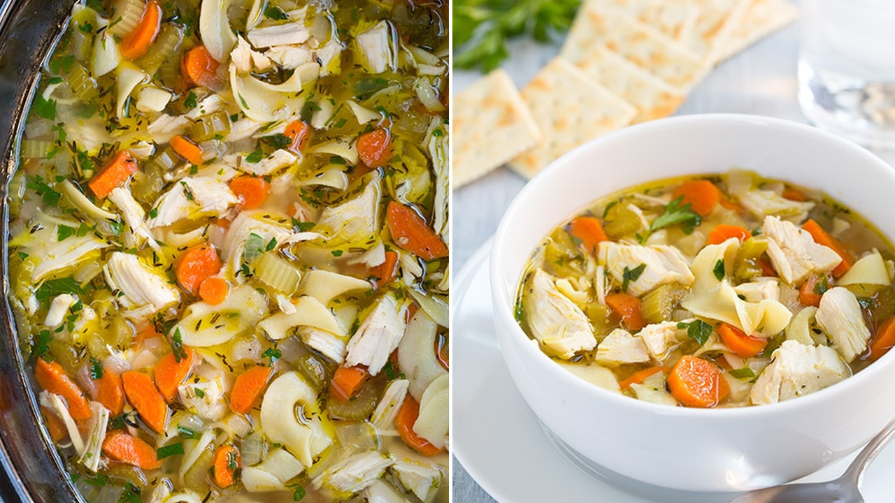 Chicken noodle soup has really soft and thoroughly cooked veggies