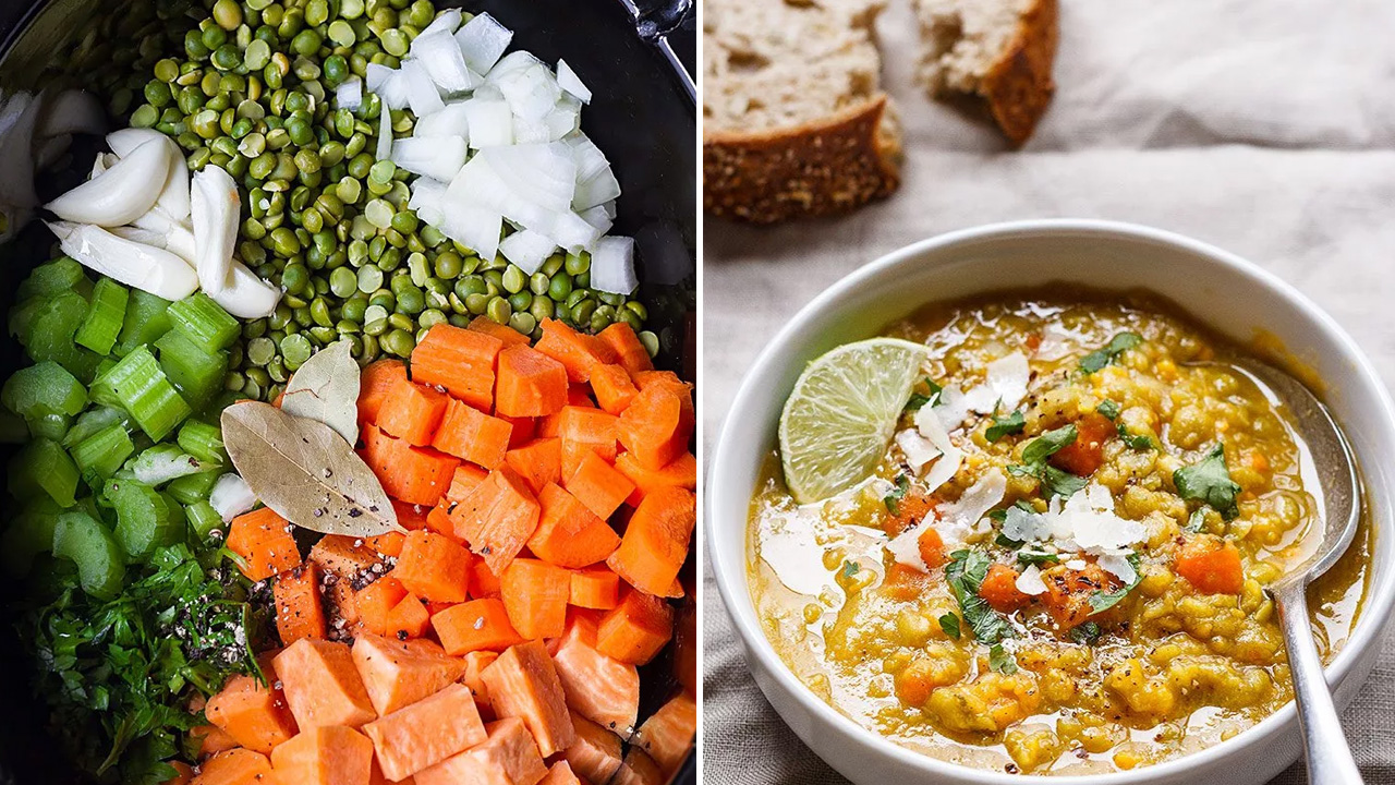 The highly nutritious soup is made with healthy ingredients like split peas and sweet potatoes