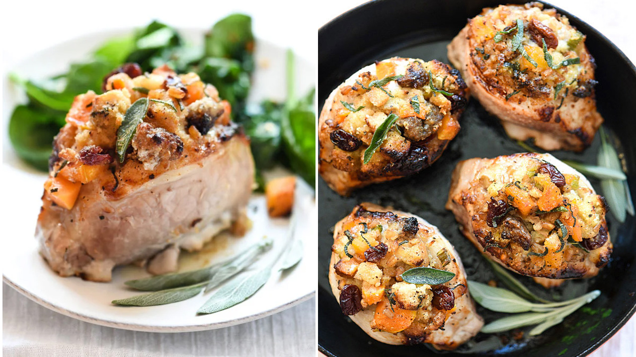 Leftover food turned into a hearty plate of pork chops generously stuffed with a colorful, savory ingredients