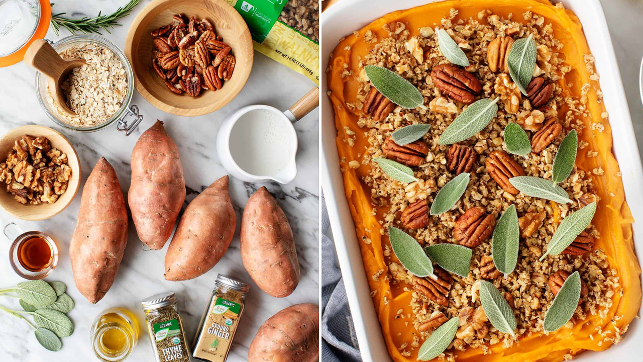 The dish has a creamy texture topped with pecan topics and herbs