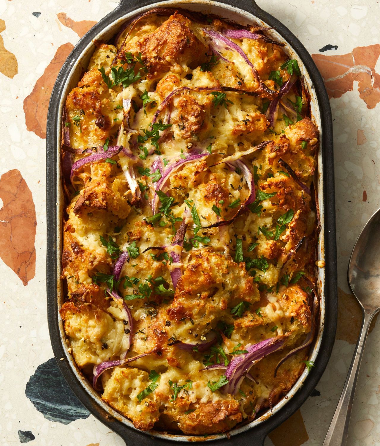 Thanksgiving Leftover Stuffing Recipes - Red Onion and Cheddar Bread Pudding