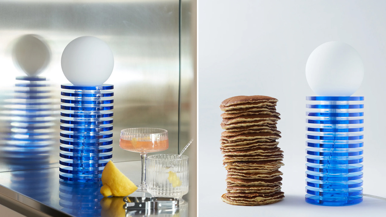 The lampcake table lamp's discs are stacked together like a pancakes, can be placed anywhere.